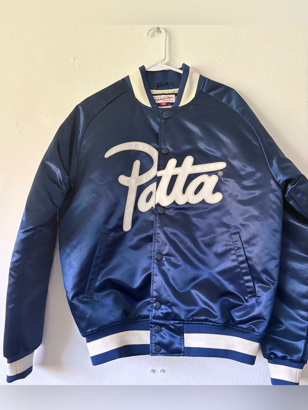 Patta x Mitchell & Ness collaboration Navy Satin  Bomber Jacket - size Large